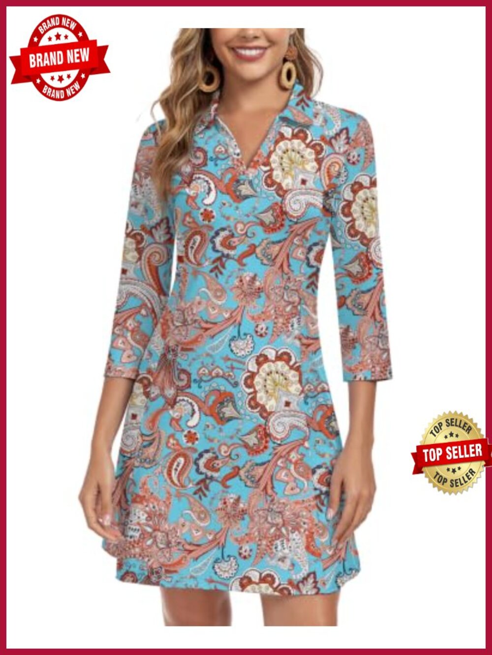 WOWENY 3/4 Sleeve V Neck Midi Dress with Pockets UPF 50+ Quick Dry